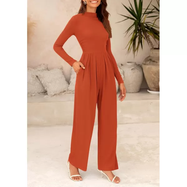 imagePRETTYGARDEN Womens Jumpsuit Dressy Casual One Piece Outfits Long Sleeve Mock Neck Wide Leg Pants RompersBrick Red
