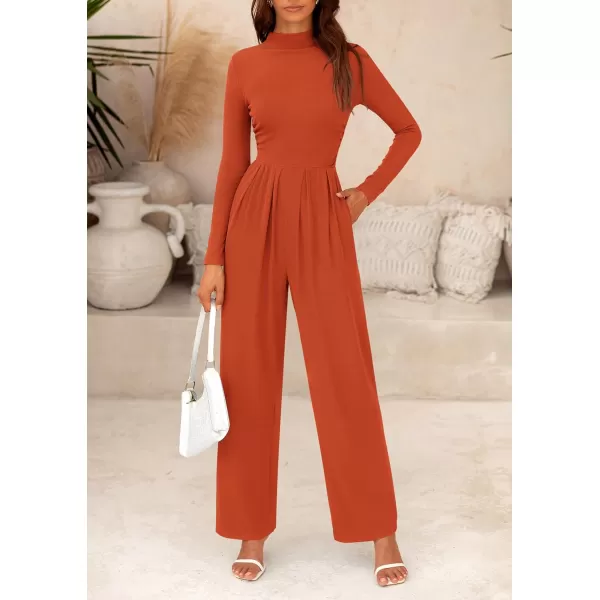 imagePRETTYGARDEN Womens Jumpsuit Dressy Casual One Piece Outfits Long Sleeve Mock Neck Wide Leg Pants RompersBrick Red