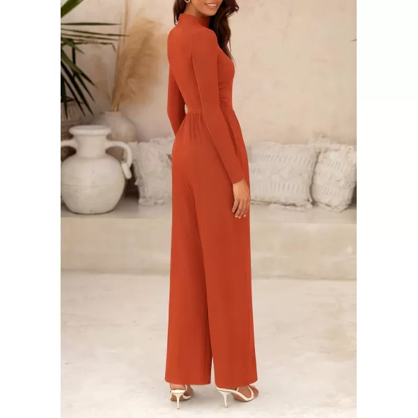 imagePRETTYGARDEN Womens Jumpsuit Dressy Casual One Piece Outfits Long Sleeve Mock Neck Wide Leg Pants RompersBrick Red