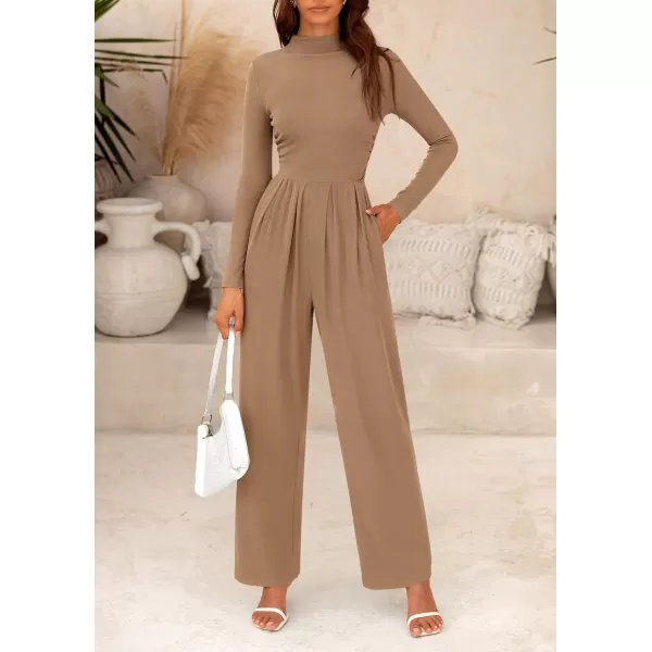 imagePRETTYGARDEN Womens Jumpsuit Dressy Casual One Piece Outfits Long Sleeve Mock Neck Wide Leg Pants RompersCamel