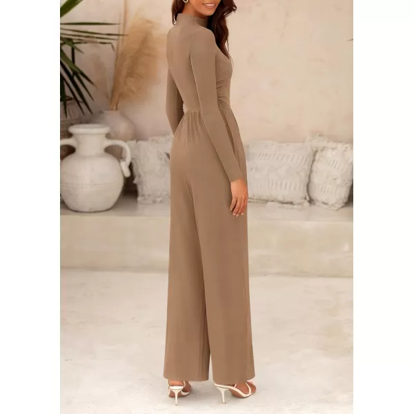imagePRETTYGARDEN Womens Jumpsuit Dressy Casual One Piece Outfits Long Sleeve Mock Neck Wide Leg Pants RompersCamel