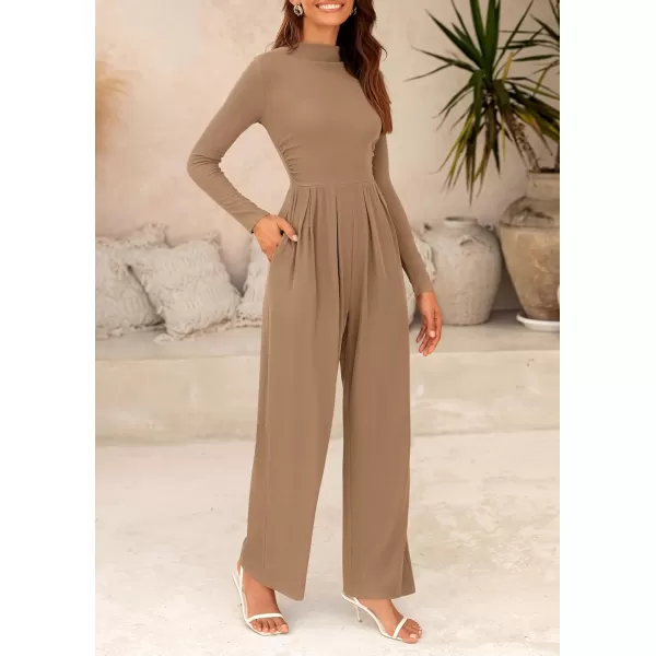 imagePRETTYGARDEN Womens Jumpsuit Dressy Casual One Piece Outfits Long Sleeve Mock Neck Wide Leg Pants RompersCamel
