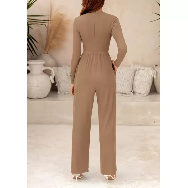 imagePRETTYGARDEN Womens Jumpsuit Dressy Casual One Piece Outfits Long Sleeve Mock Neck Wide Leg Pants RompersCamel