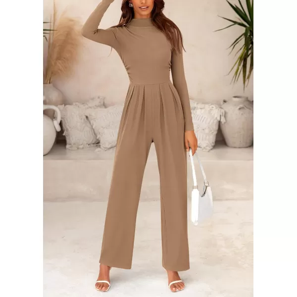 imagePRETTYGARDEN Womens Jumpsuit Dressy Casual One Piece Outfits Long Sleeve Mock Neck Wide Leg Pants RompersCamel