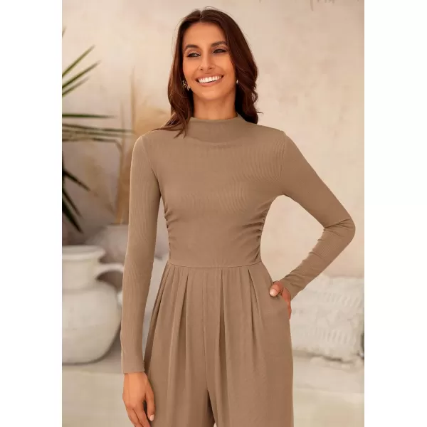 imagePRETTYGARDEN Womens Jumpsuit Dressy Casual One Piece Outfits Long Sleeve Mock Neck Wide Leg Pants RompersCamel