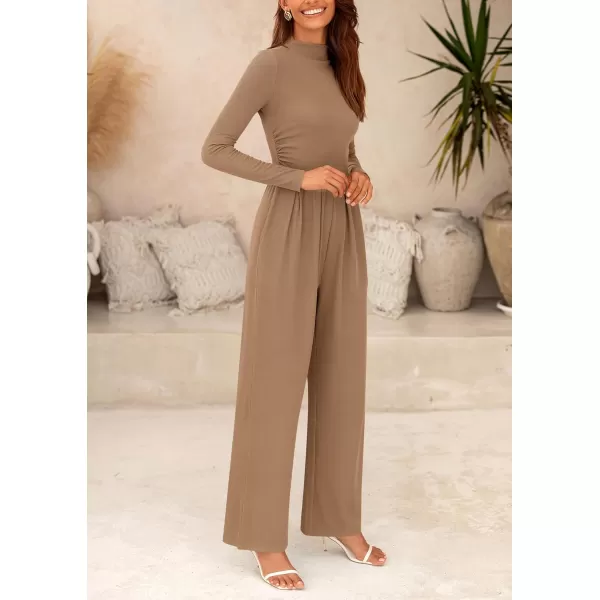 imagePRETTYGARDEN Womens Jumpsuit Dressy Casual One Piece Outfits Long Sleeve Mock Neck Wide Leg Pants RompersCamel