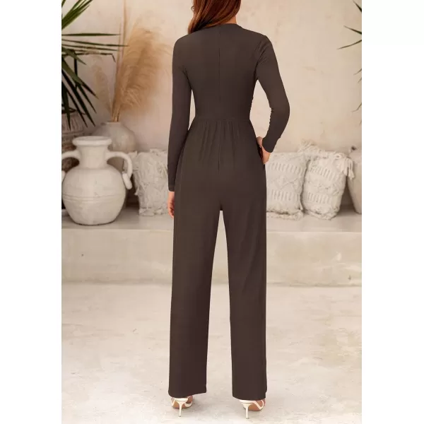 imagePRETTYGARDEN Womens Jumpsuit Dressy Casual One Piece Outfits Long Sleeve Mock Neck Wide Leg Pants RompersCoffee