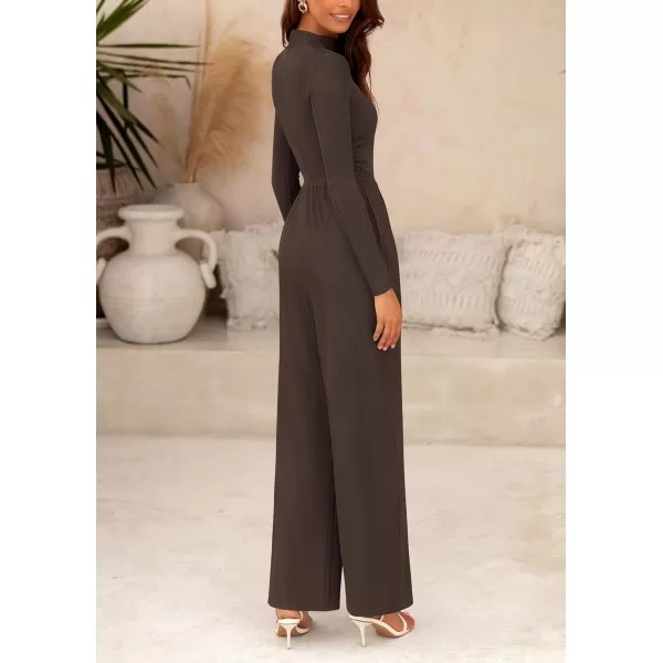 imagePRETTYGARDEN Womens Jumpsuit Dressy Casual One Piece Outfits Long Sleeve Mock Neck Wide Leg Pants RompersCoffee