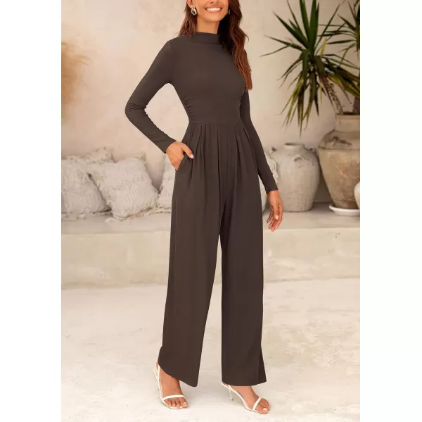 imagePRETTYGARDEN Womens Jumpsuit Dressy Casual One Piece Outfits Long Sleeve Mock Neck Wide Leg Pants RompersCoffee