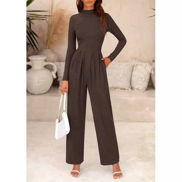 imagePRETTYGARDEN Womens Jumpsuit Dressy Casual One Piece Outfits Long Sleeve Mock Neck Wide Leg Pants RompersCoffee