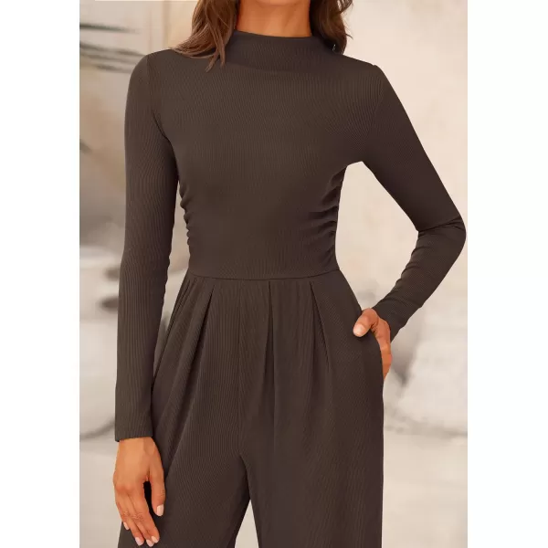imagePRETTYGARDEN Womens Jumpsuit Dressy Casual One Piece Outfits Long Sleeve Mock Neck Wide Leg Pants RompersCoffee