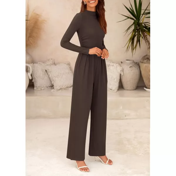 imagePRETTYGARDEN Womens Jumpsuit Dressy Casual One Piece Outfits Long Sleeve Mock Neck Wide Leg Pants RompersCoffee