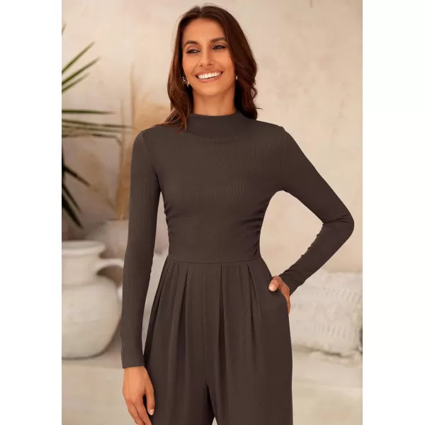 imagePRETTYGARDEN Womens Jumpsuit Dressy Casual One Piece Outfits Long Sleeve Mock Neck Wide Leg Pants RompersCoffee