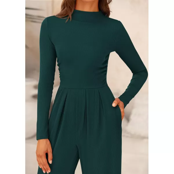 imagePRETTYGARDEN Womens Jumpsuit Dressy Casual One Piece Outfits Long Sleeve Mock Neck Wide Leg Pants RompersDark Green