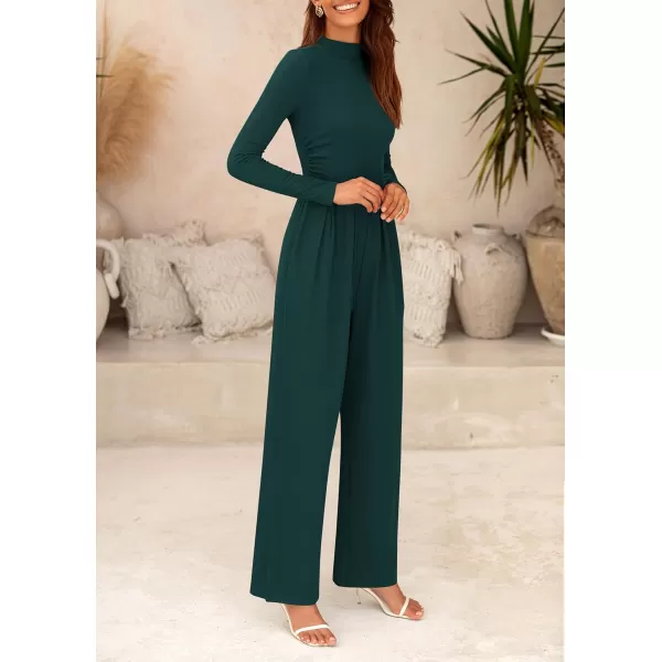 imagePRETTYGARDEN Womens Jumpsuit Dressy Casual One Piece Outfits Long Sleeve Mock Neck Wide Leg Pants RompersDark Green