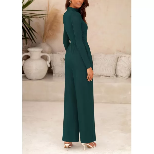 imagePRETTYGARDEN Womens Jumpsuit Dressy Casual One Piece Outfits Long Sleeve Mock Neck Wide Leg Pants RompersDark Green