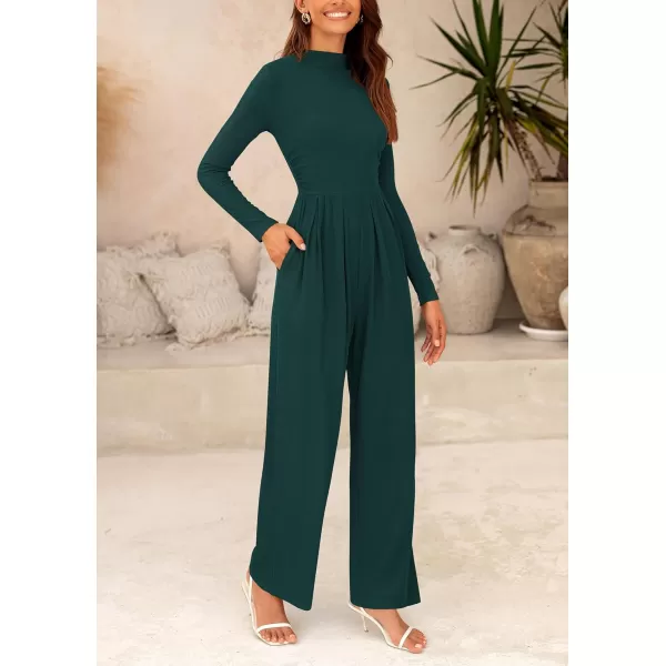 imagePRETTYGARDEN Womens Jumpsuit Dressy Casual One Piece Outfits Long Sleeve Mock Neck Wide Leg Pants RompersDark Green