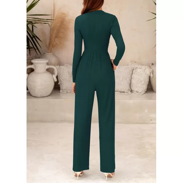 imagePRETTYGARDEN Womens Jumpsuit Dressy Casual One Piece Outfits Long Sleeve Mock Neck Wide Leg Pants RompersDark Green