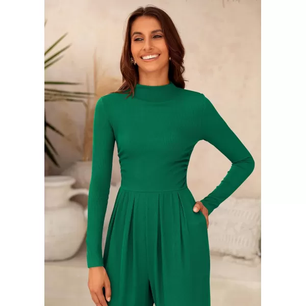 imagePRETTYGARDEN Womens Jumpsuit Dressy Casual One Piece Outfits Long Sleeve Mock Neck Wide Leg Pants RompersGreen