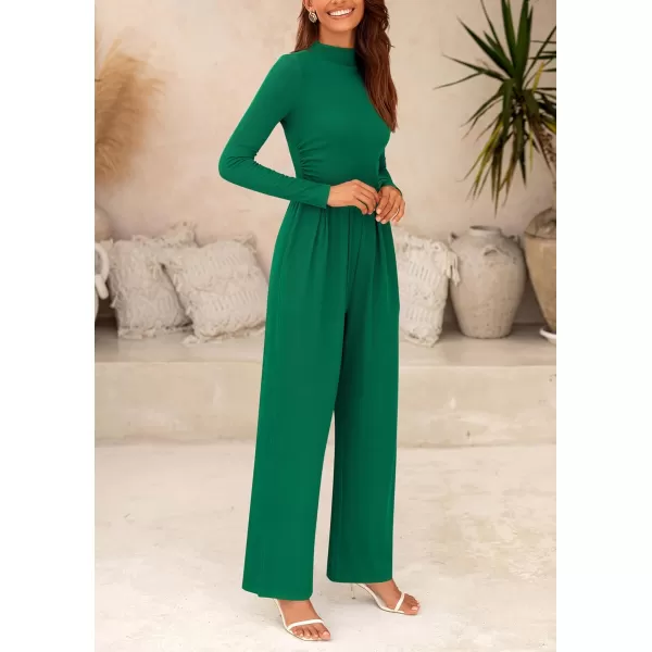 imagePRETTYGARDEN Womens Jumpsuit Dressy Casual One Piece Outfits Long Sleeve Mock Neck Wide Leg Pants RompersGreen
