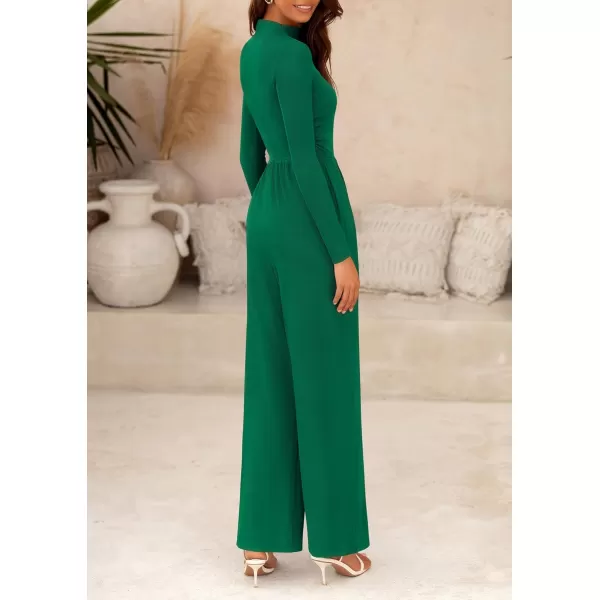 imagePRETTYGARDEN Womens Jumpsuit Dressy Casual One Piece Outfits Long Sleeve Mock Neck Wide Leg Pants RompersGreen