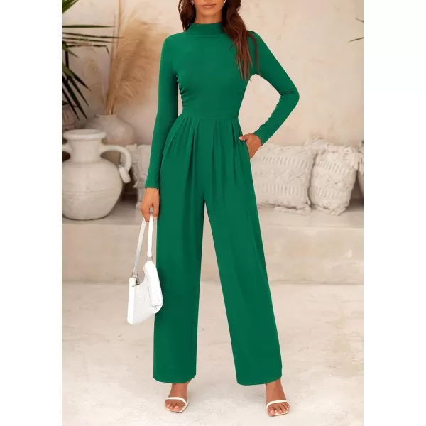 imagePRETTYGARDEN Womens Jumpsuit Dressy Casual One Piece Outfits Long Sleeve Mock Neck Wide Leg Pants RompersGreen