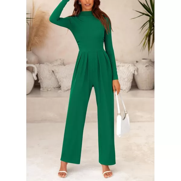 imagePRETTYGARDEN Womens Jumpsuit Dressy Casual One Piece Outfits Long Sleeve Mock Neck Wide Leg Pants RompersGreen