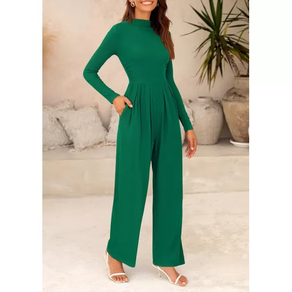 imagePRETTYGARDEN Womens Jumpsuit Dressy Casual One Piece Outfits Long Sleeve Mock Neck Wide Leg Pants RompersGreen