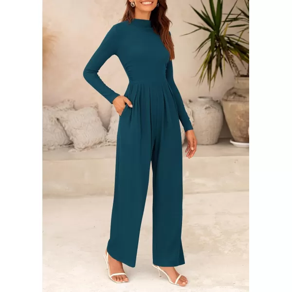 imagePRETTYGARDEN Womens Jumpsuit Dressy Casual One Piece Outfits Long Sleeve Mock Neck Wide Leg Pants RompersLake Blue