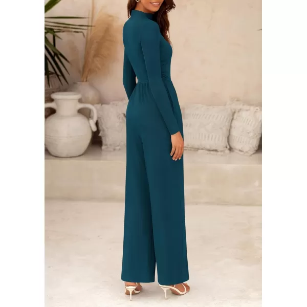 imagePRETTYGARDEN Womens Jumpsuit Dressy Casual One Piece Outfits Long Sleeve Mock Neck Wide Leg Pants RompersLake Blue