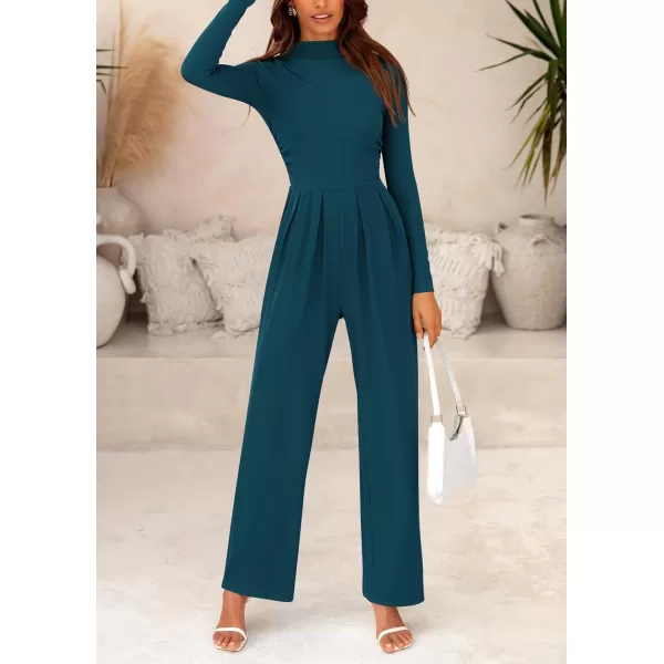 imagePRETTYGARDEN Womens Jumpsuit Dressy Casual One Piece Outfits Long Sleeve Mock Neck Wide Leg Pants RompersLake Blue