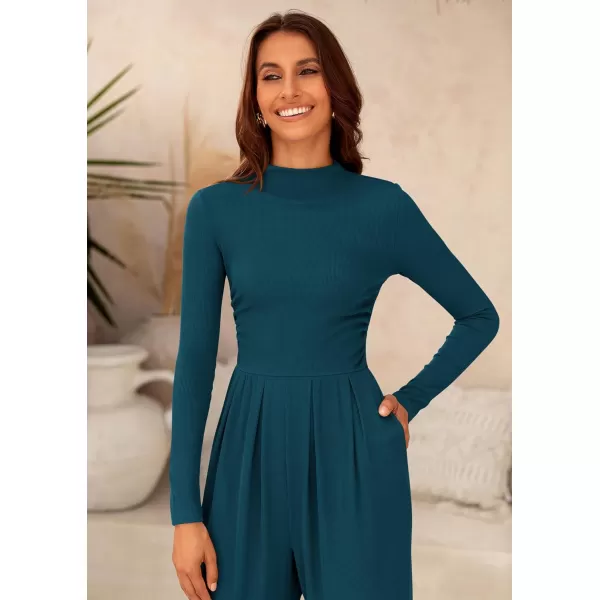 imagePRETTYGARDEN Womens Jumpsuit Dressy Casual One Piece Outfits Long Sleeve Mock Neck Wide Leg Pants RompersLake Blue