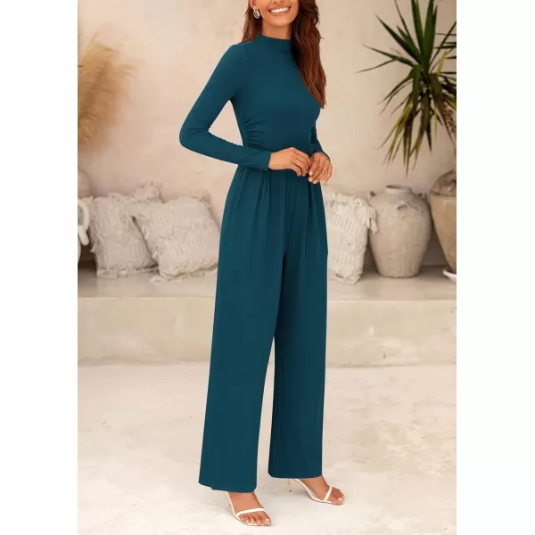 imagePRETTYGARDEN Womens Jumpsuit Dressy Casual One Piece Outfits Long Sleeve Mock Neck Wide Leg Pants RompersLake Blue