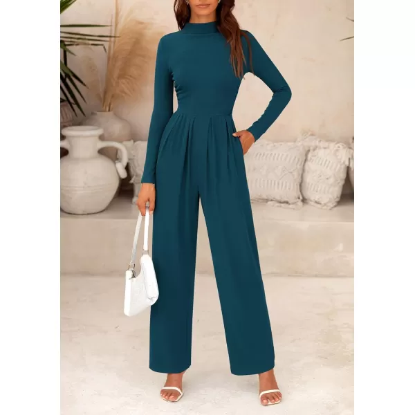 imagePRETTYGARDEN Womens Jumpsuit Dressy Casual One Piece Outfits Long Sleeve Mock Neck Wide Leg Pants RompersLake Blue
