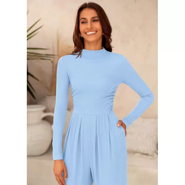 imagePRETTYGARDEN Womens Jumpsuit Dressy Casual One Piece Outfits Long Sleeve Mock Neck Wide Leg Pants RompersLight Blue