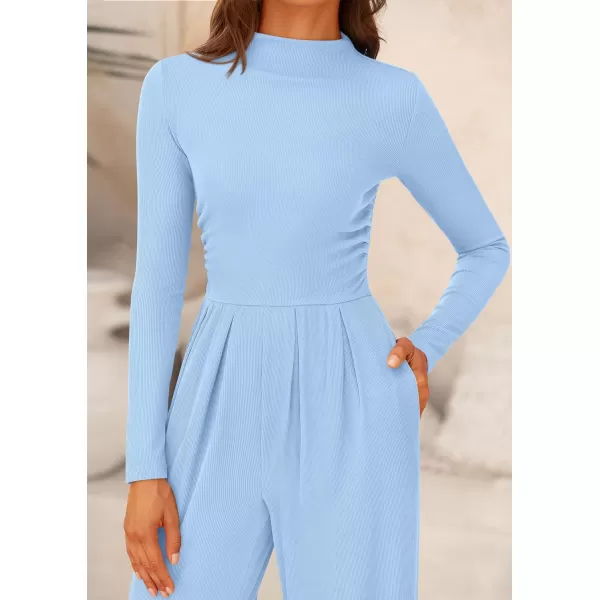 imagePRETTYGARDEN Womens Jumpsuit Dressy Casual One Piece Outfits Long Sleeve Mock Neck Wide Leg Pants RompersLight Blue