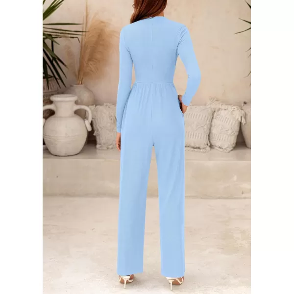 imagePRETTYGARDEN Womens Jumpsuit Dressy Casual One Piece Outfits Long Sleeve Mock Neck Wide Leg Pants RompersLight Blue