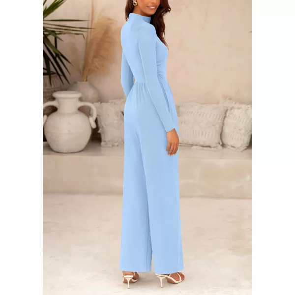 imagePRETTYGARDEN Womens Jumpsuit Dressy Casual One Piece Outfits Long Sleeve Mock Neck Wide Leg Pants RompersLight Blue