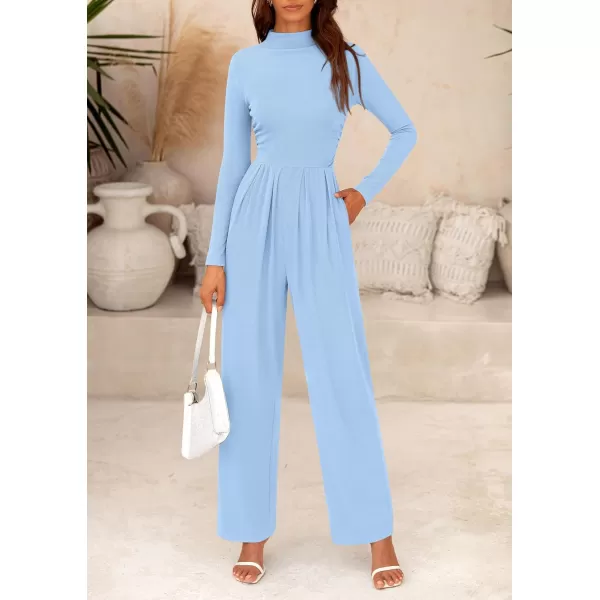 imagePRETTYGARDEN Womens Jumpsuit Dressy Casual One Piece Outfits Long Sleeve Mock Neck Wide Leg Pants RompersLight Blue