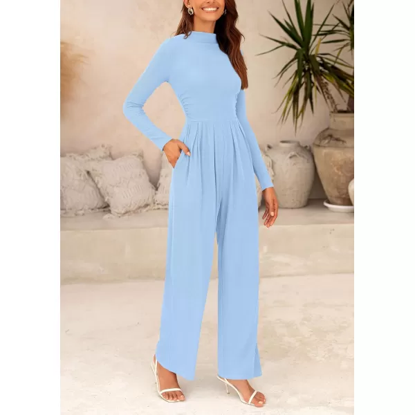 imagePRETTYGARDEN Womens Jumpsuit Dressy Casual One Piece Outfits Long Sleeve Mock Neck Wide Leg Pants RompersLight Blue