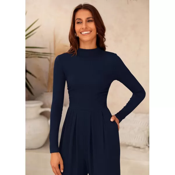 imagePRETTYGARDEN Womens Jumpsuit Dressy Casual One Piece Outfits Long Sleeve Mock Neck Wide Leg Pants RompersNavy