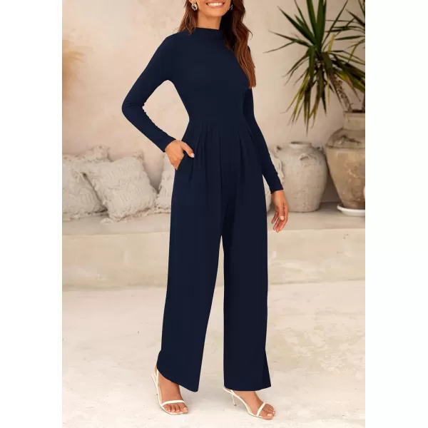 imagePRETTYGARDEN Womens Jumpsuit Dressy Casual One Piece Outfits Long Sleeve Mock Neck Wide Leg Pants RompersNavy