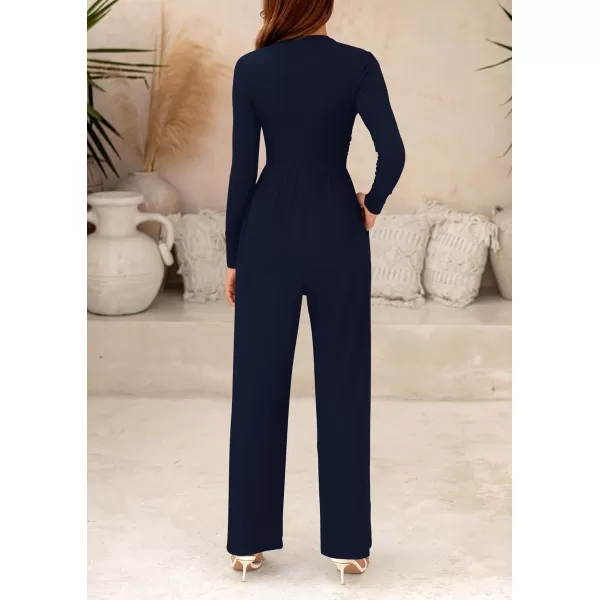 imagePRETTYGARDEN Womens Jumpsuit Dressy Casual One Piece Outfits Long Sleeve Mock Neck Wide Leg Pants RompersNavy