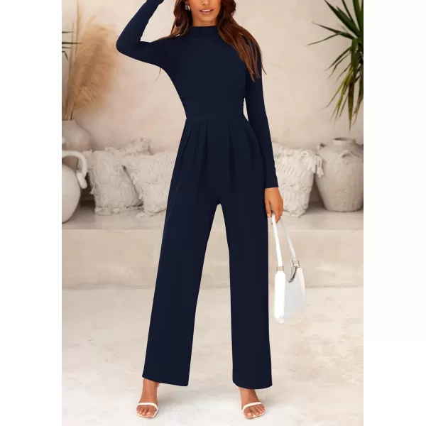 imagePRETTYGARDEN Womens Jumpsuit Dressy Casual One Piece Outfits Long Sleeve Mock Neck Wide Leg Pants RompersNavy