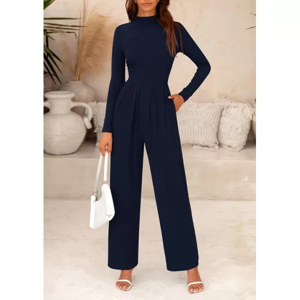imagePRETTYGARDEN Womens Jumpsuit Dressy Casual One Piece Outfits Long Sleeve Mock Neck Wide Leg Pants RompersNavy
