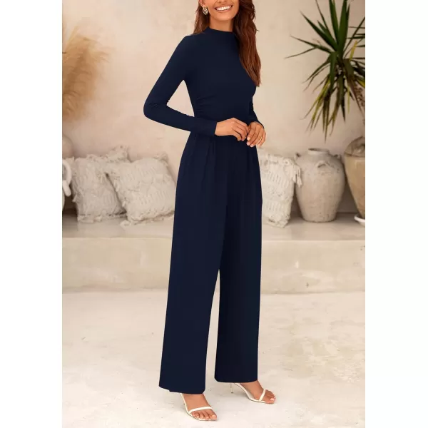 imagePRETTYGARDEN Womens Jumpsuit Dressy Casual One Piece Outfits Long Sleeve Mock Neck Wide Leg Pants RompersNavy
