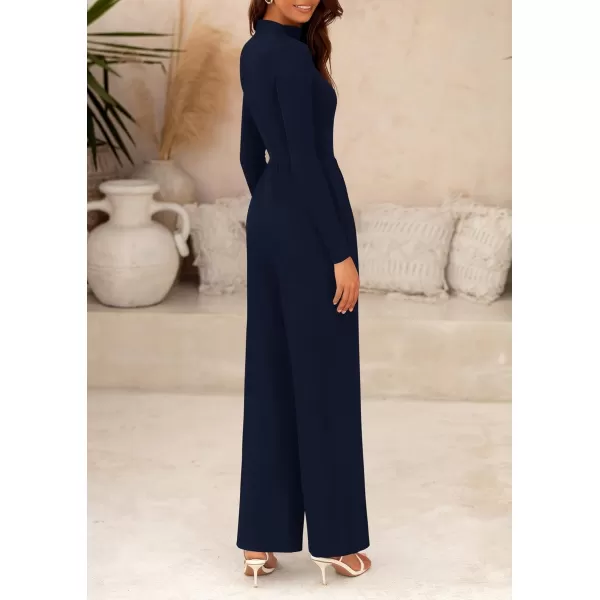 imagePRETTYGARDEN Womens Jumpsuit Dressy Casual One Piece Outfits Long Sleeve Mock Neck Wide Leg Pants RompersNavy