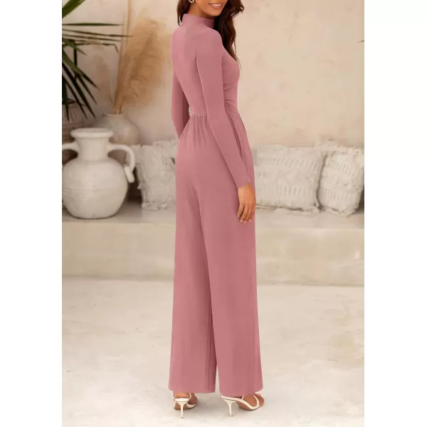 imagePRETTYGARDEN Womens Jumpsuit Dressy Casual One Piece Outfits Long Sleeve Mock Neck Wide Leg Pants RompersPink