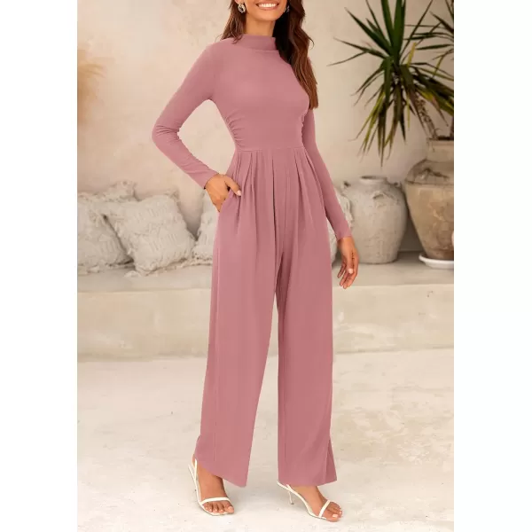 imagePRETTYGARDEN Womens Jumpsuit Dressy Casual One Piece Outfits Long Sleeve Mock Neck Wide Leg Pants RompersPink