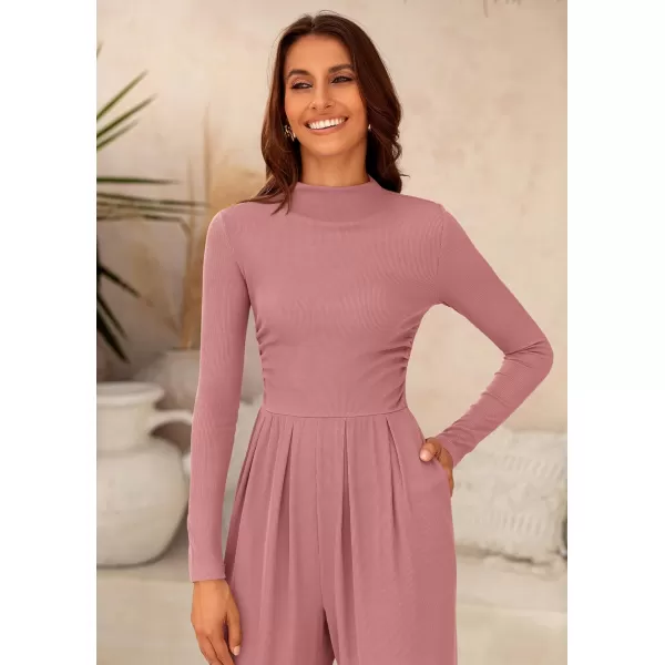 imagePRETTYGARDEN Womens Jumpsuit Dressy Casual One Piece Outfits Long Sleeve Mock Neck Wide Leg Pants RompersPink